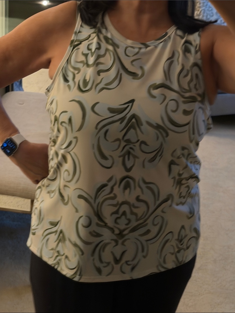 Vince Camuto Cream Sleeveless Top with Olive Scroll Print